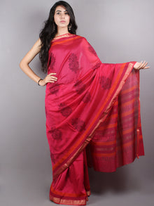 Red Black Mono Chanderi  Hand Block Printed Saree with Zari Border - S0317197
