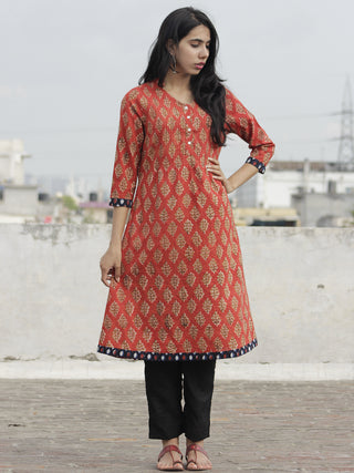 Rust Mustard Indigo Hand Block Printed Kurta With Pin Tucks  - K20F593
