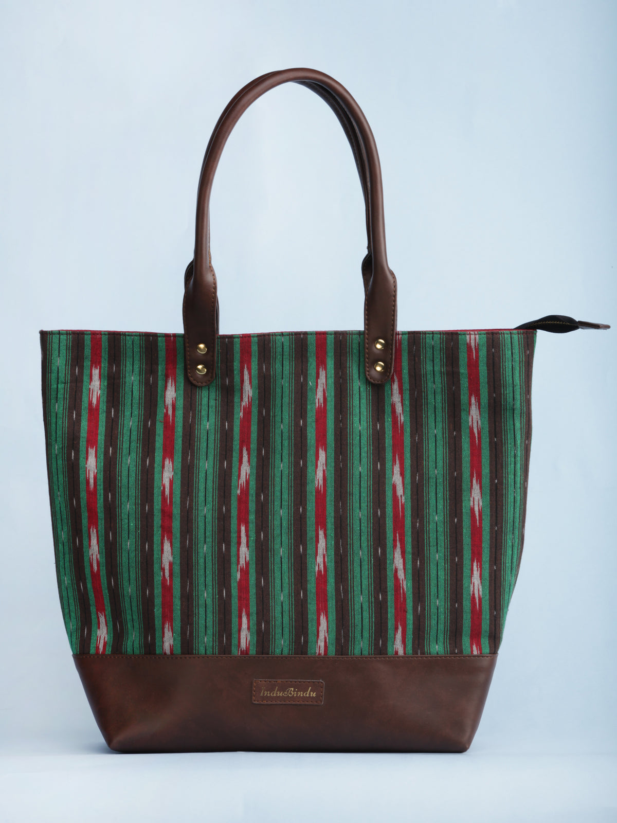 Green Brown Red Ikat & Vegan Leather Tote Bag - B1004