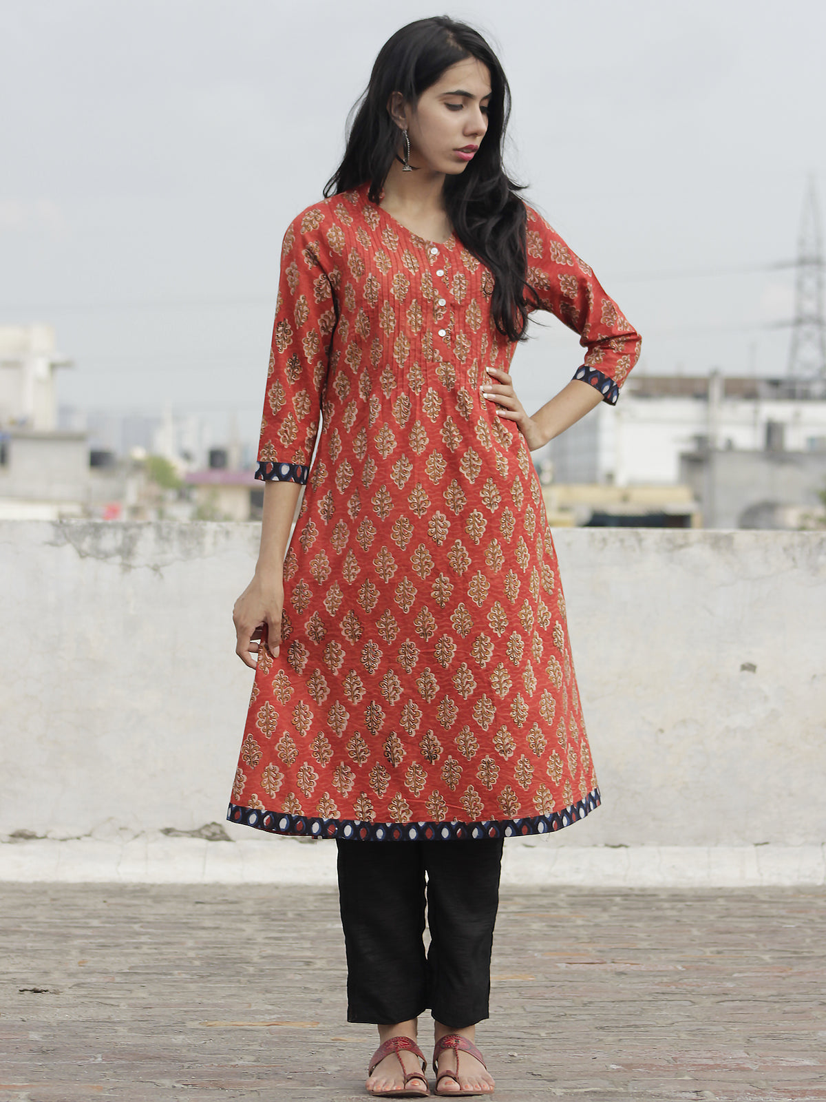 Rust Mustard Indigo Hand Block Printed Kurta With Pin Tucks  - K20F593