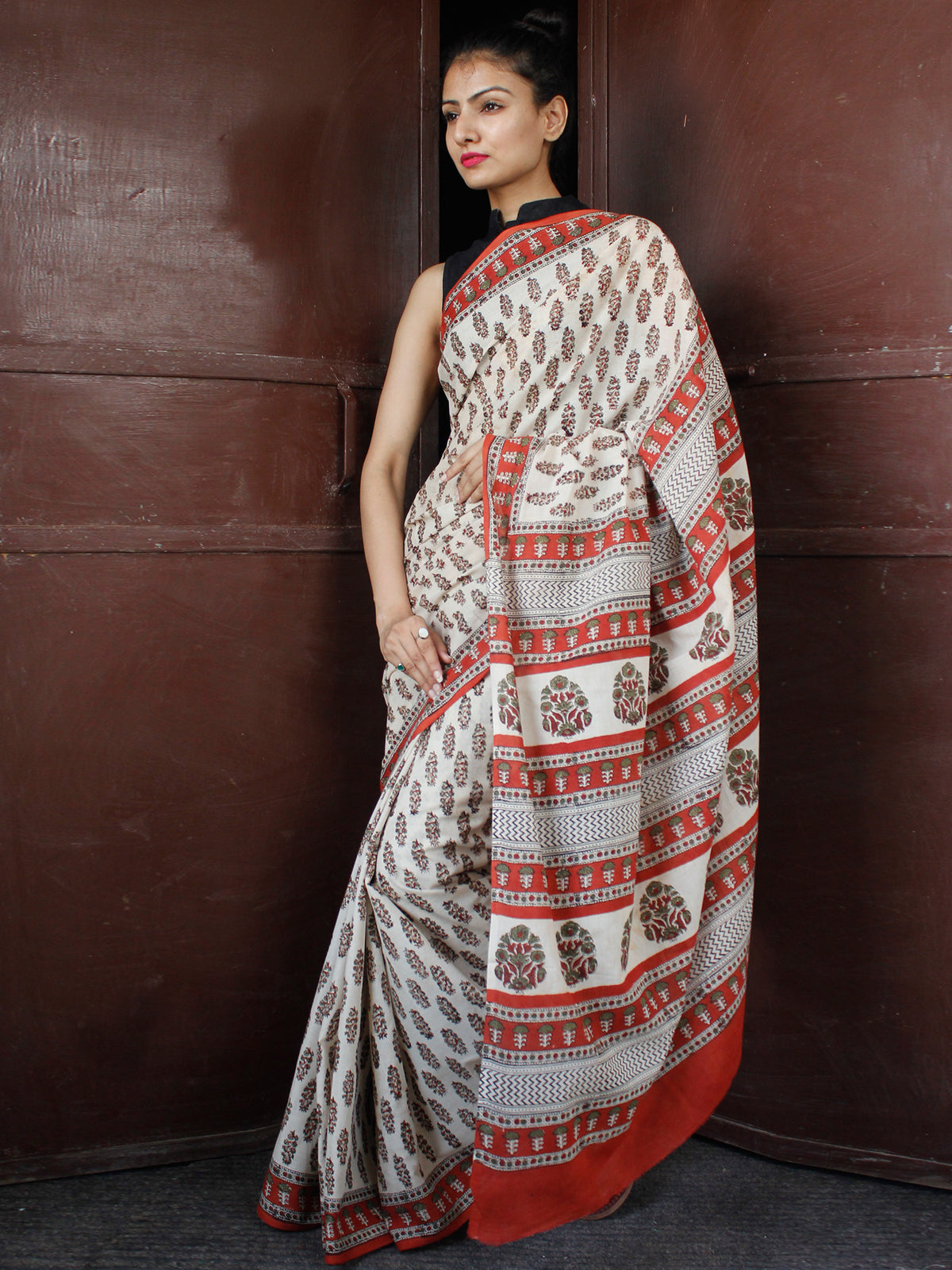 Beige Maroon Green Black Hand Block Printed in Natural Colors Cotton Mul Saree - S031703678