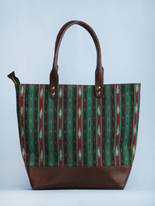 Green Brown Red Ikat & Vegan Leather Tote Bag - B1004