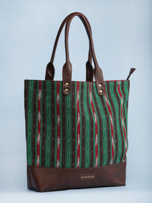 Green Brown Red Ikat & Vegan Leather Tote Bag - B1004