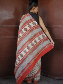 Beige Maroon Green Black Hand Block Printed in Natural Colors Cotton Mul Saree - S031703678