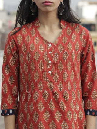 Rust Mustard Indigo Hand Block Printed Kurta With Pin Tucks  - K20F593