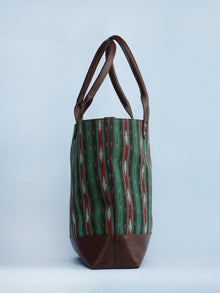 Green Brown Red Ikat & Vegan Leather Tote Bag - B1004