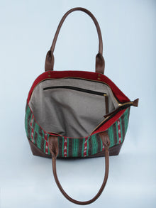 Green Brown Red Ikat & Vegan Leather Tote Bag - B1004