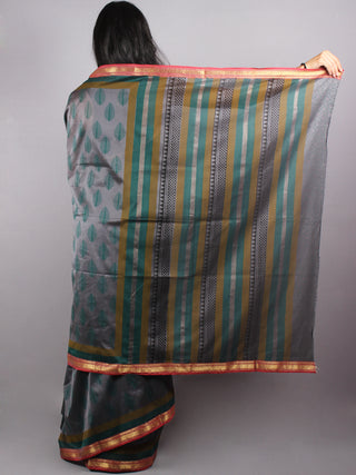 Grey Green Mono Chanderi  Hand Block Printed Saree with Zari Border - S0317210