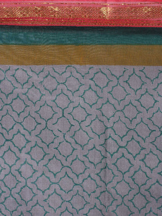 Grey Green Mono Chanderi  Hand Block Printed Saree with Zari Border - S0317210