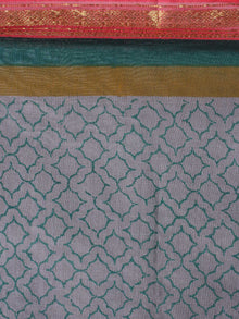 Grey Green Mono Chanderi  Hand Block Printed Saree with Zari Border - S0317210