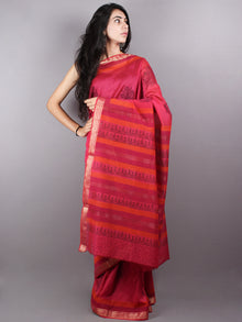 Red Black Mono Chanderi  Hand Block Printed Saree with Zari Border - S0317197