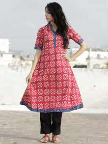 Deep Red Indigo Ivory Hand Block Printed Kurta With Stand Collar   - K22F225