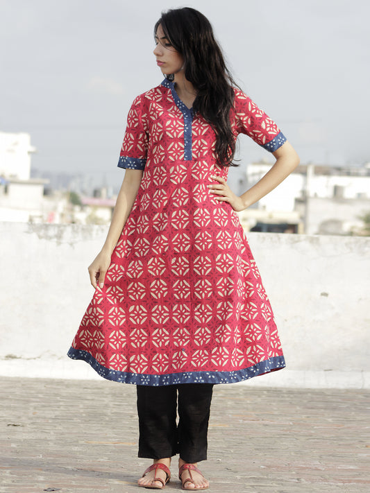 Deep Red Indigo Ivory Hand Block Printed Kurta With Stand Collar   - K22F225