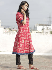 Deep Red Indigo Ivory Hand Block Printed Kurta With Stand Collar   - K22F225