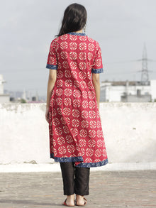 Deep Red Indigo Ivory Hand Block Printed Kurta With Stand Collar   - K22F225