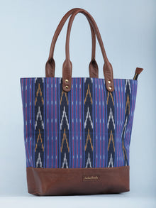 Purple Indigo Mustard Ikat & Vegan Leather Tote Bag - B1006