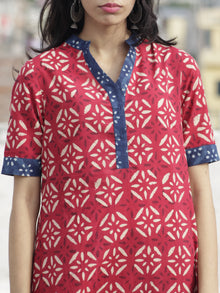 Deep Red Indigo Ivory Hand Block Printed Kurta With Stand Collar   - K22F225