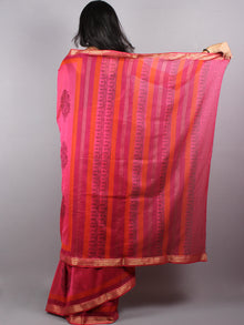 Red Black Mono Chanderi  Hand Block Printed Saree with Zari Border - S0317197