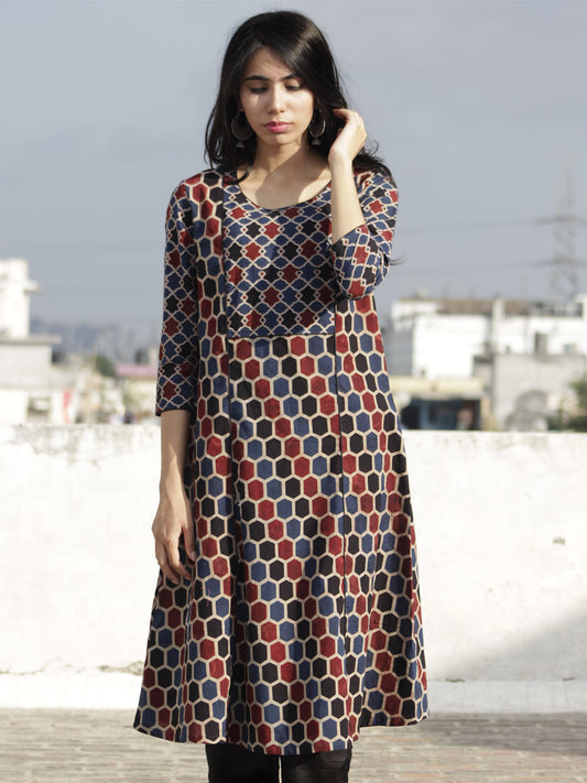 Indigo Black Rust Beige Ajrakh Block Printed Kurta  - K23F635