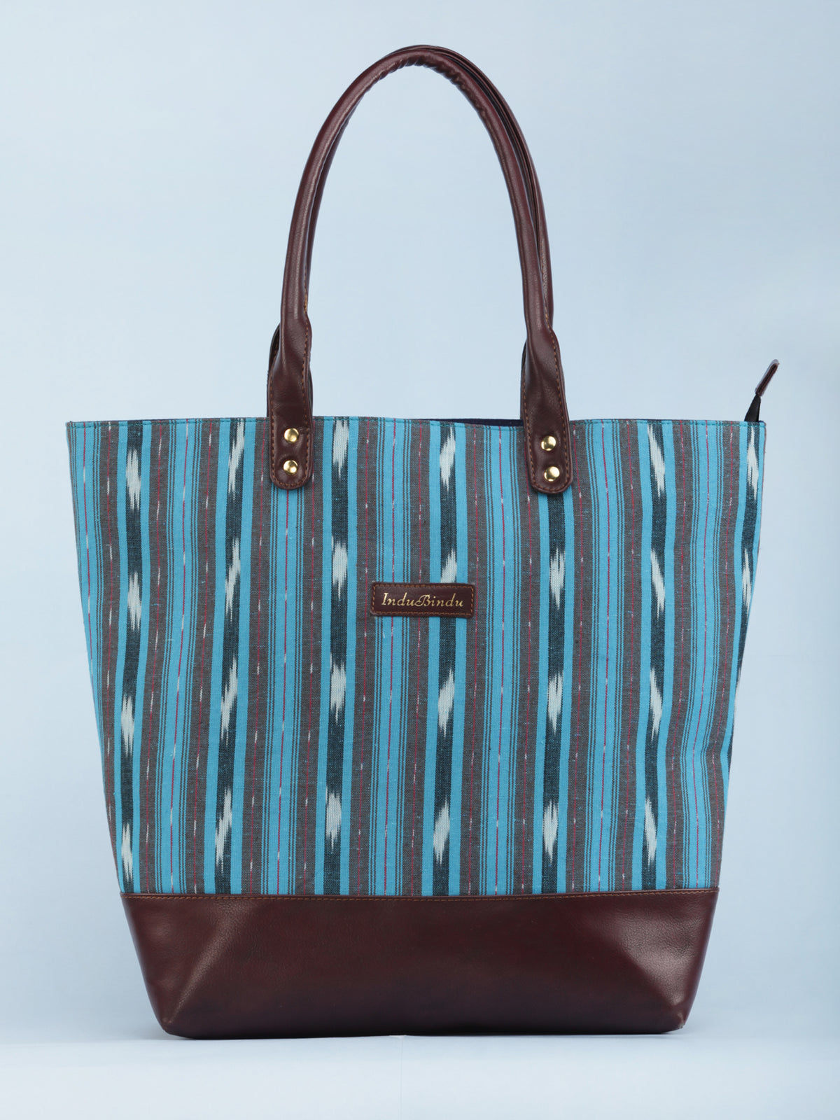 SkyBlue Indigo Brown Ikat & Vegan Leather Tote Bag - B1007