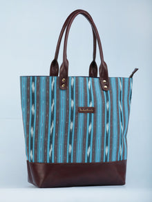 SkyBlue Indigo Brown Ikat & Vegan Leather Tote Bag - B1007