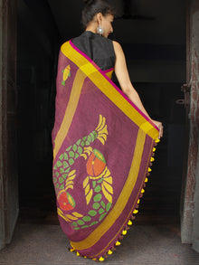 Purple Yellow Handwoven Linen Jamdani Saree With Fish Motif - S031703579