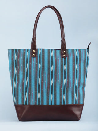 SkyBlue Indigo Brown Ikat & Vegan Leather Tote Bag - B1007