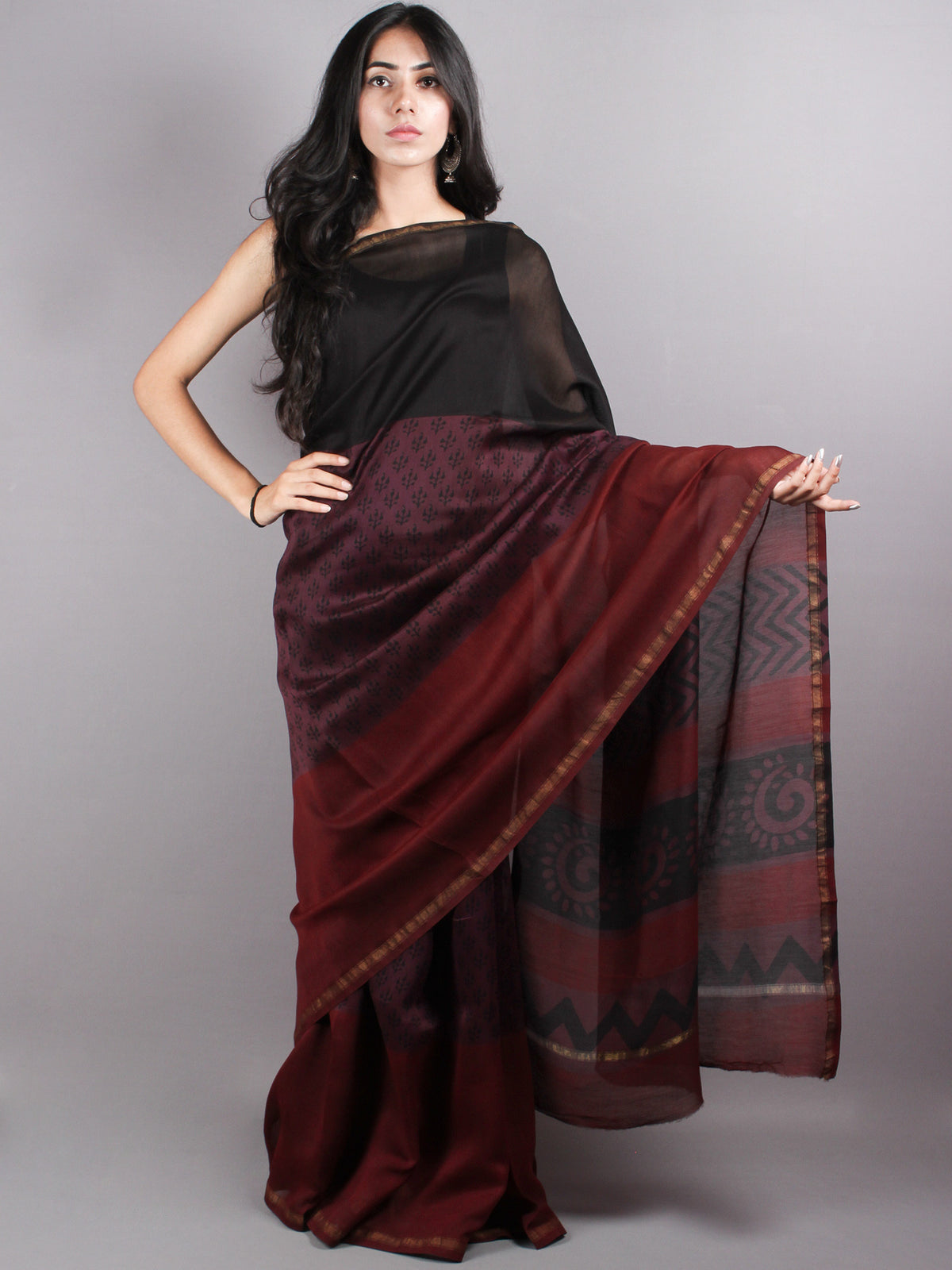 Black Mahroon Mono Chanderi  Hand Block Printed Saree with Zari Border - S0317216