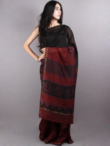 Black Mahroon Mono Chanderi  Hand Block Printed Saree with Zari Border - S0317216