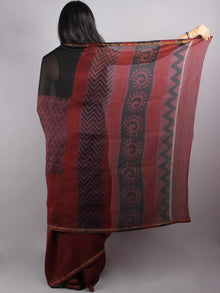 Black Mahroon Mono Chanderi  Hand Block Printed Saree with Zari Border - S0317216