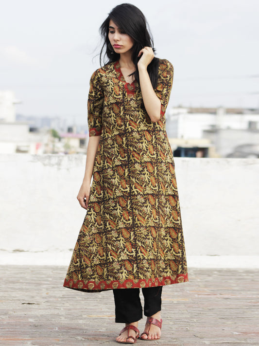 Olive Black Rust Mustard Hand Block Printed Kurti With 3/4 Sleeve - K24F598