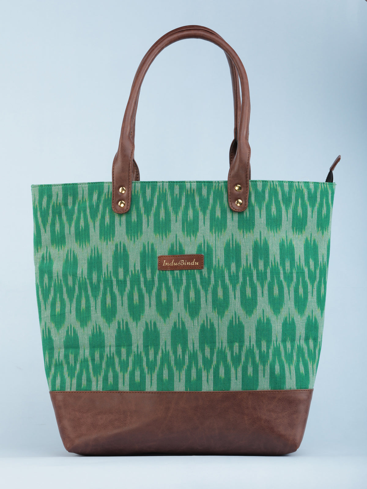 Green OffWhite Ikat & Vegan Leather Tote Bag - B1008