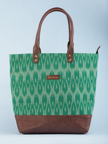 Green OffWhite Ikat & Vegan Leather Tote Bag - B1008