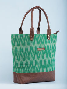 Green OffWhite Ikat & Vegan Leather Tote Bag - B1008