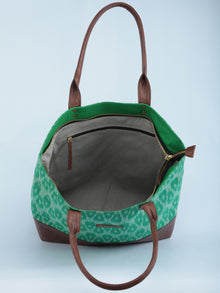 Green OffWhite Ikat & Vegan Leather Tote Bag - B1008