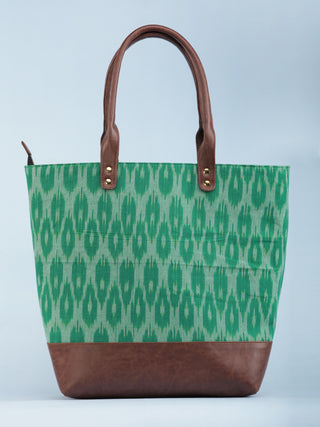 Green OffWhite Ikat & Vegan Leather Tote Bag - B1008