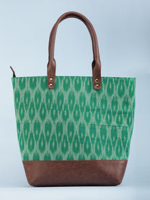 Green OffWhite Ikat & Vegan Leather Tote Bag - B1008