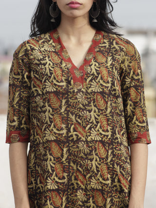 Olive Black Rust Mustard Hand Block Printed Kurti With 3/4 Sleeve - K24F598