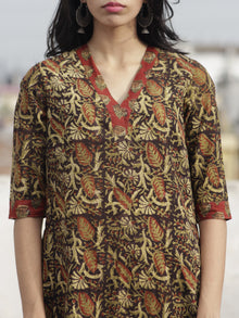 Olive Black Rust Mustard Hand Block Printed Kurti With 3/4 Sleeve - K24F598