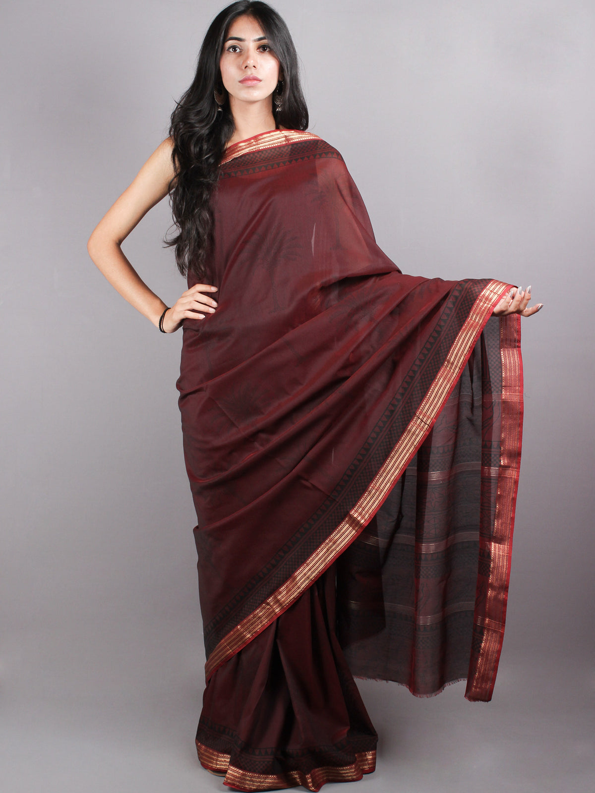 Maroon Black Mono Chanderi  Hand Block Printed Saree With Zari Border - S0317218