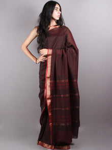 Maroon Black Mono Chanderi  Hand Block Printed Saree with Zari Border - S0317219
